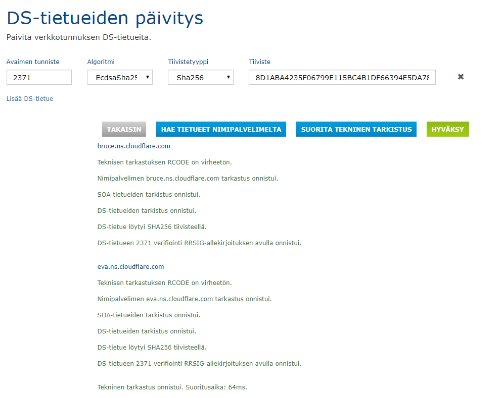 Hae DNSSEC-tietueet nimipalvelimelta ja suorita teknillinen tarkistus