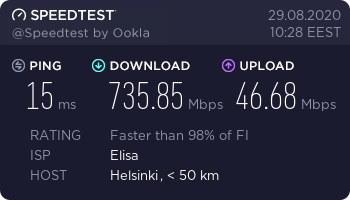 5G-nopeustesti ethernet-kaapelilla kytkettynä reitittimeen