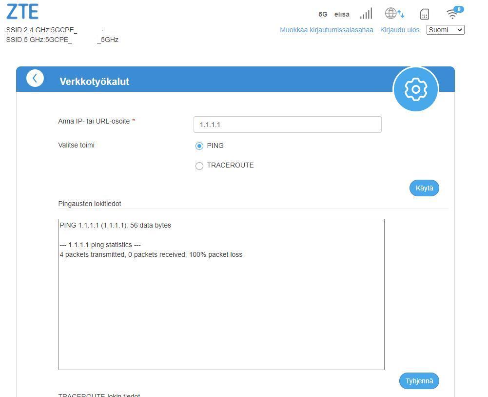 Hallintapaneelissa näkyy 5G-yhteyden olevan päällä, mutta esimerkiksi pingaus ei onnistu
